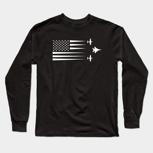 F-15 Eagle P-51 Mustang American Flag Long Sleeve T-Shirt by Dirty Custard Designs 